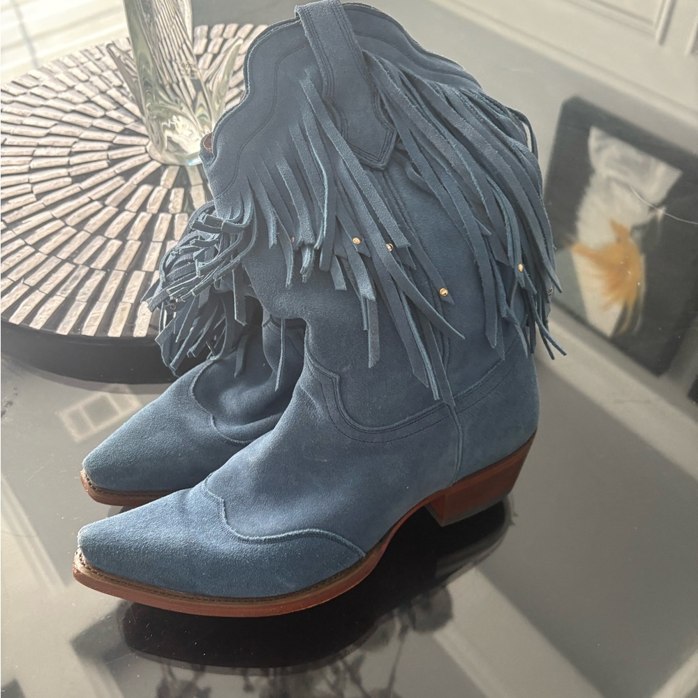 Fringe Suede Western Boots - Blue